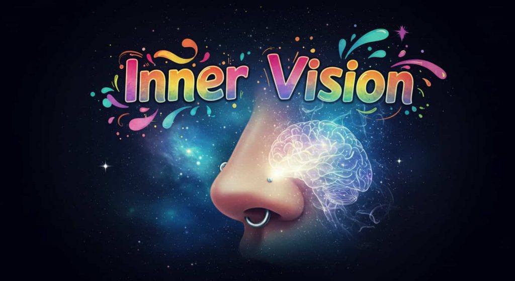 A captivating and conceptual 3D artwork that showcases a unique, multi-layered image of a nose with a luminous piercing, with glowing light emanating from the nostril, forming misty pathways to brain-like structures symbolizing enhanced intuition and spiritual awareness, against a deep, mysterious blue, cosmic background with nebulae and distant, sparkling stars, and the phrase "Inner Vision" in small text at the top.
