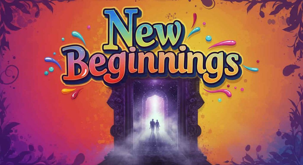 A vibrant pop art style image inspired by Peter Max, depicting a glowing, misty doorway framed by ornate nose rings, with silhouetted figures walking through it into a starlit, fog-cleared path, representing life transitions and new spiritual phases, with bright, contrasting, mysterious colors and swirling, fog-like patterns to convey movement and change, and the phrase "New Beginnings" in small text at the top.