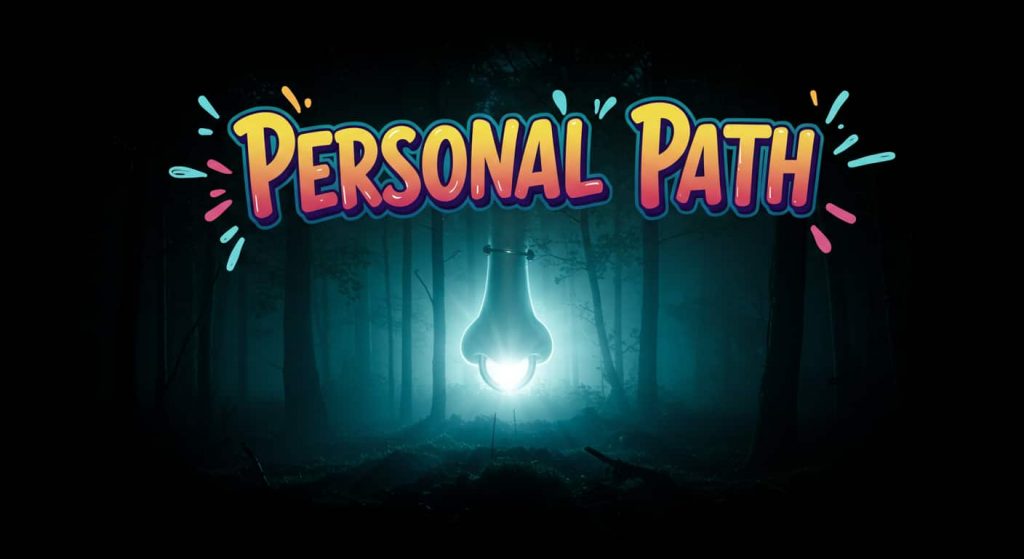 A captivating and conceptual 3D artwork that showcases a unique, multi-layered scene with a central, luminous nose piercing symbol gently pushing back dark, misty shadows in a foggy forest, while emitting a bright, inner light, representing personal intention overcoming misinterpretations, with the phrase "Personal Path" in small text at the top, against a gradient background shifting from dark, foggy forest to a starlit clearing.