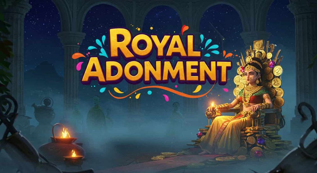 A Pixar-style cinematic 3D cartoon image of a majestic, ancient queen with elaborate gold nose rings and jewelry, seated on a misty, glowing throne made of ancient coins and jewels, in a grand, fog-shrouded palace with faint stars visible through high windows, conveying spiritual themes of wealth, status, and historical mystery, with the phrase "Royal Adornment" in small text at the top.