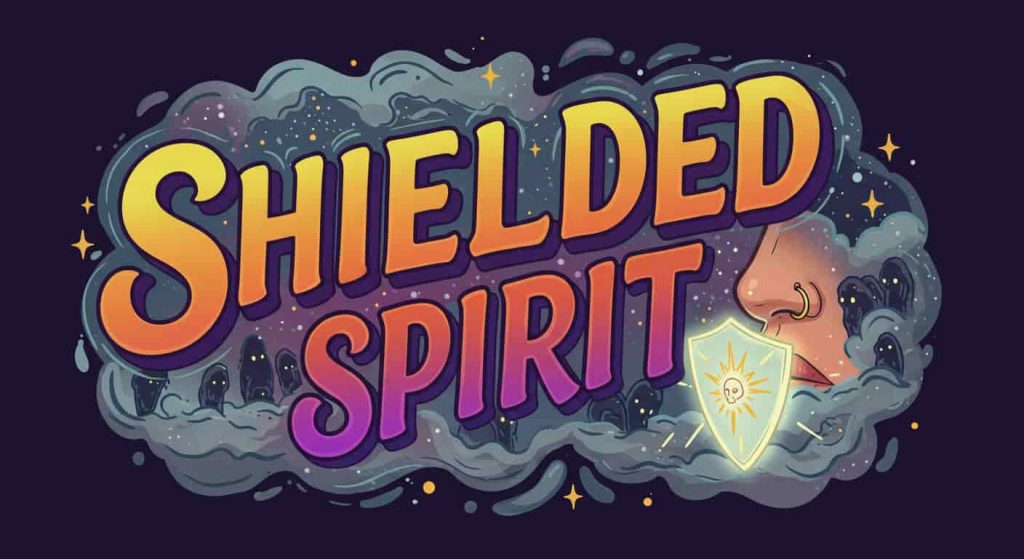 A dynamic doodle sketch of a stylized nose with a radiant nose ring emitting a glowing, misty shield, warding off shadowy, fog-like figures representing negative energies in a swirling, misty background with faint stars, with sketched arrows and shield symbols enhancing the protection theme, and the phrase "Shielded Spirit" in small text at the top, against a dark parchment background.