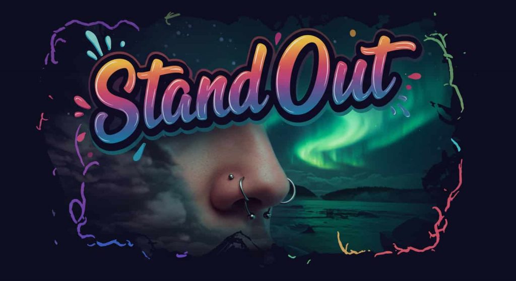 A striking 3D render of a dark fantasy painting depicting a close-up of a photorealistic nose with a prominent septum piercing, positioned dramatically against a backdrop of a foggy abyss under a stormy, aurora-lit sky, symbolizing rebellion and individuality, with the phrase "Stand Out" in small text at the top, in a dramatic, dark color palette.