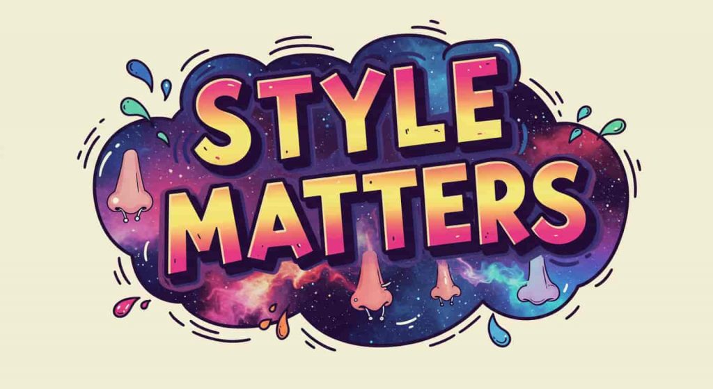 A vibrant pop art style image inspired by Peter Max, featuring stylized noses with different types of piercings (nostril, septum, high nostril) emitting colorful, misty energy lines against a backdrop of swirling fog and faint stars, with symbolic icons for femininity, masculinity, balance, and uniqueness subtly placed, and the phrase "Style Matters" in small text at the top, in a bright, patterned pop art style.