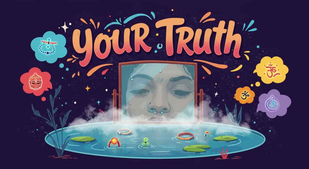 A comic image of a person gazing into a misty, reflective pool that acts as a mirror, adorned with various glowing nose jewelry floating on the water's surface, with thought bubbles showing diverse spiritual symbols and cultural representations of nose piercings rising from the pool, with the phrase "Your Truth" in small text at the top, in a brightly colored and mysterious comic style, emphasizing self-discovery.