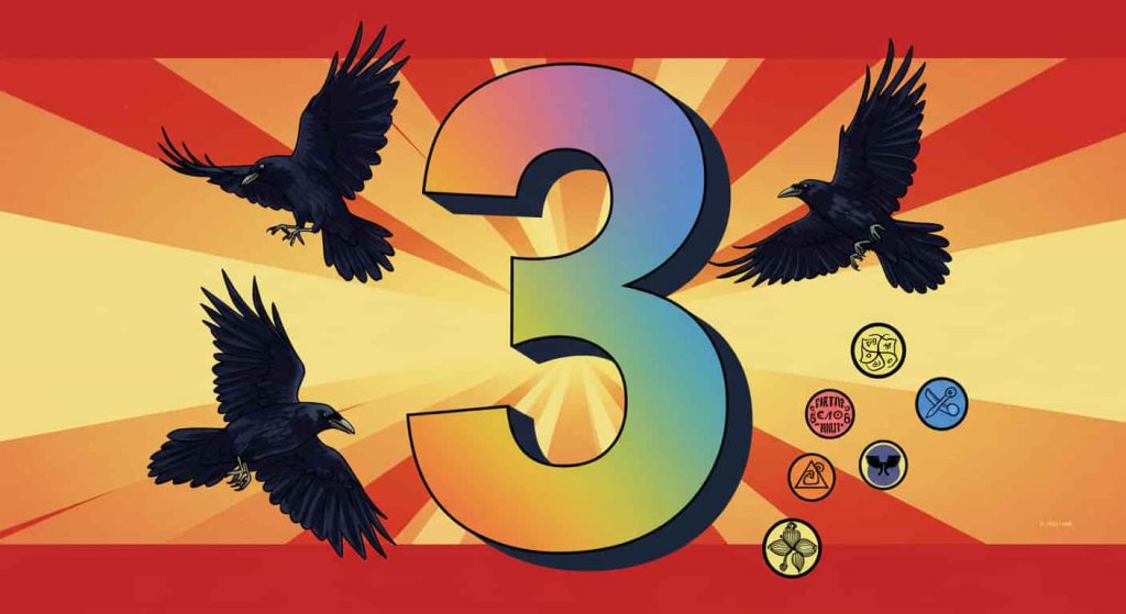 A vibrant pop art image featuring the number 3 surrounded by three flying crows, with psychedelic colors and patterns, incorporating spiritual and mathematical symbols related to the number three.