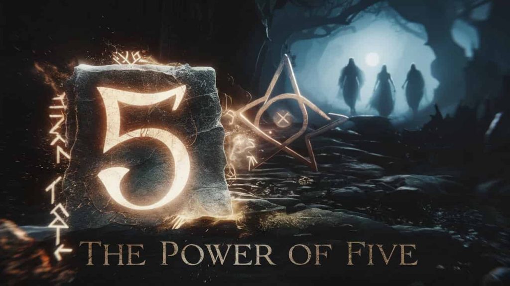 A dark fantasy 3D render of the number five as a mystical symbol etched into stone, surrounded by runes and an enchanted forest, representing the dynamic and energetic qualities of the number five in numerology.
