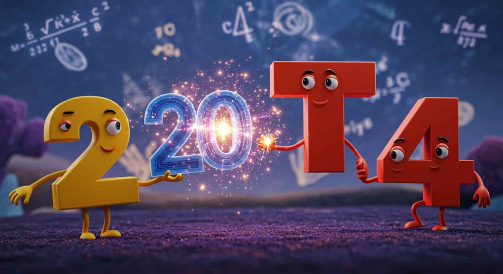 A Pixar-style 3D cartoon scene with anthropomorphized numbers 20, 2, and 4 interacting with the letter T, surrounded by magical sparkles and sacred geometry patterns.