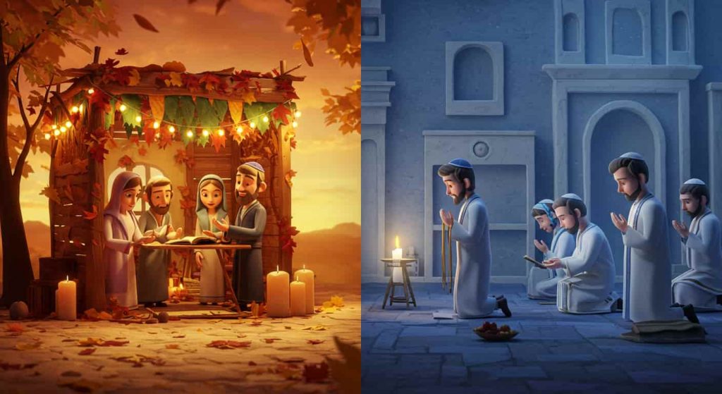 Pixar-style 3D rendering showing split scenes of Sukkot celebration and Yom Kippur observance, illustrating key October events in biblical tradition.