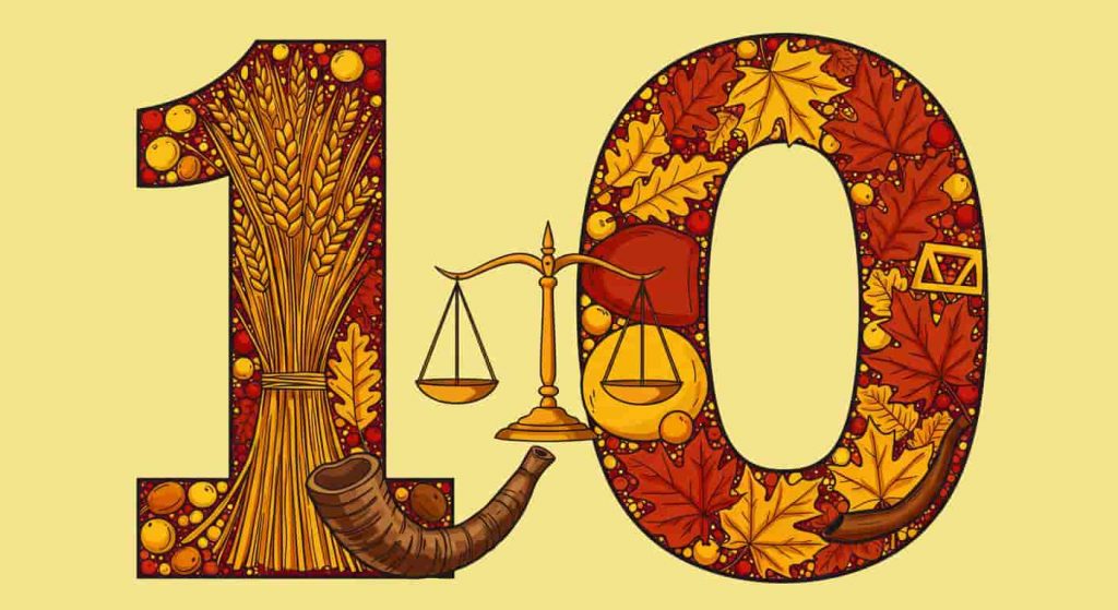 Pop art illustration showing the number 10 filled with October symbols like wheat, scales, and autumn leaves, representing biblical themes of harvest, judgment, and renewal.