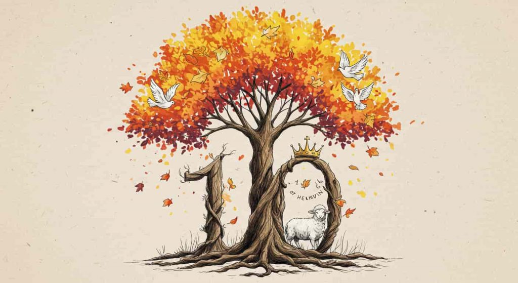 Impressionist watercolor and pen sketch of a tree with autumn leaves, its roots forming the number 10, and branches reaching towards biblical symbols, representing October's connection to Scripture.
