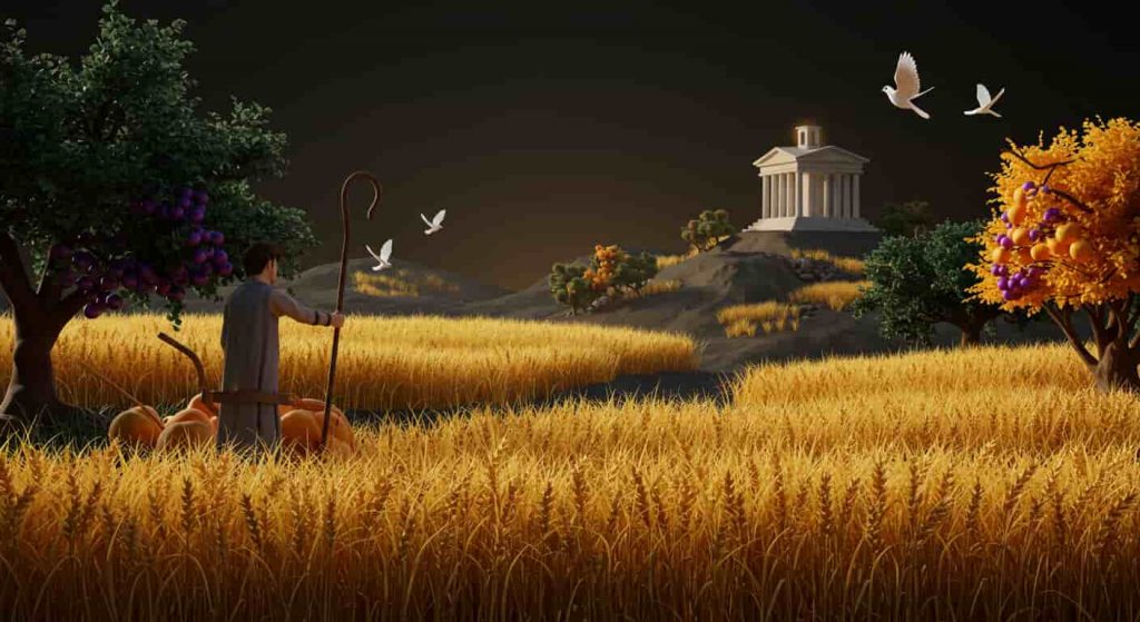 3D Ukiyo-e style render of a bountiful harvest scene with wheat fields, fruit trees, and biblical symbols, representing October's themes of spiritual harvest and abundance.