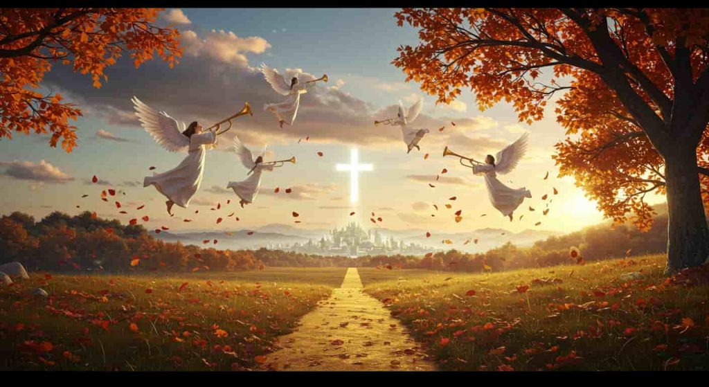 3D ukiyo-e inspired artwork showing angelic trumpets, autumn leaves, and New Jerusalem, illustrating the prophetic significance of October in biblical context.