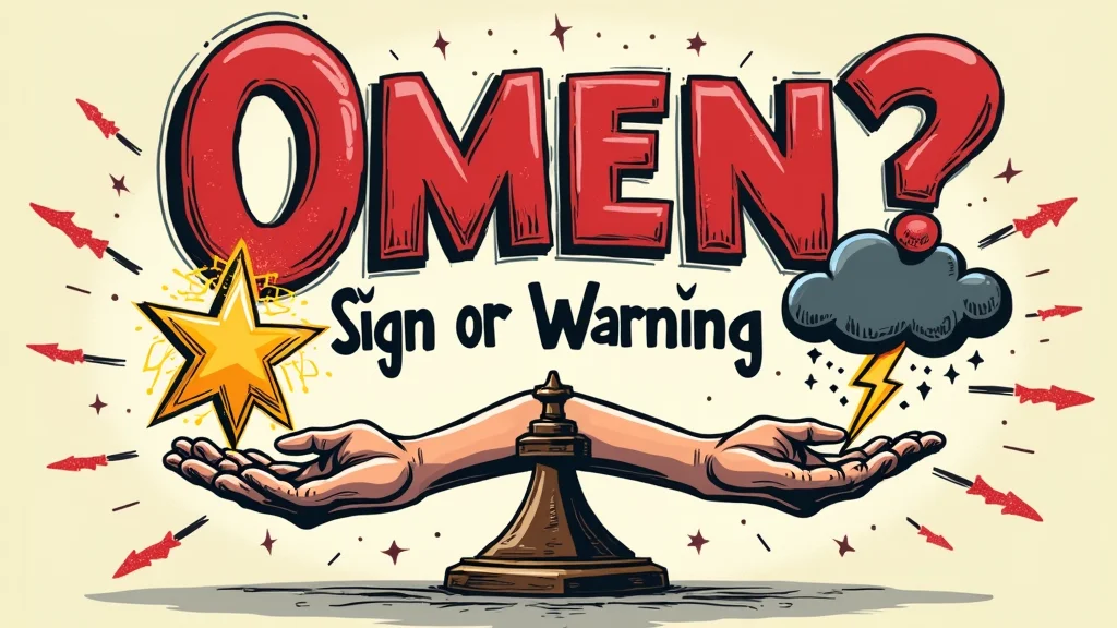 cartoon style comic for "Omen: Positive or Negative?" H3 section, depicting hands holding a star and a storm cloud on a balanced scale, with "Omen: Sign or Warning?" in playful crimson and silver typography, representing the choice in omen interpretation.