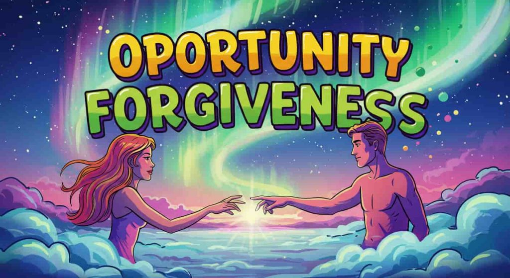 A cartoon style image symbolizing opportunity for forgiveness when encountering an ex, featuring a man and a woman reaching out to hold hands in a misty, aurora-filled setting, with the words "Opportunity Forgiveness" in bold pop art typography above them.