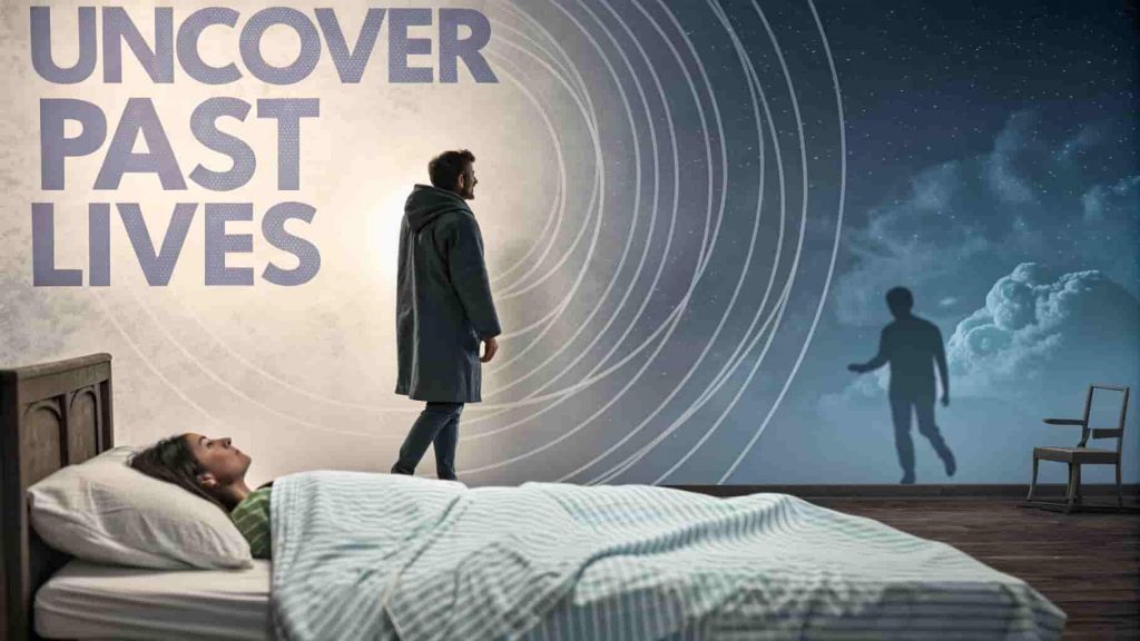 Conceptual 3D artwork of a person waking up gasping for air, with a past era scene behind them, symbolizing past life trauma and its connection to waking up gasping for air.