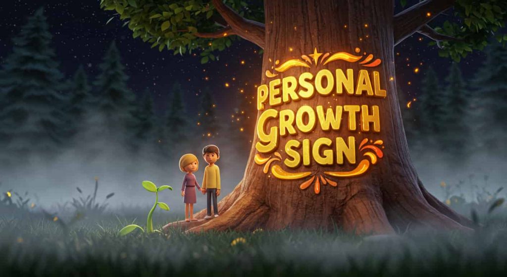 Cinematic cartoon image representing personal growth after seeing an ex, depicting a stylized seedling growing into a strong tree beside a man and a woman standing tall and radiant in a misty forest clearing with starlight, with the words "Personal Growth Sign" in cartoonish typography.