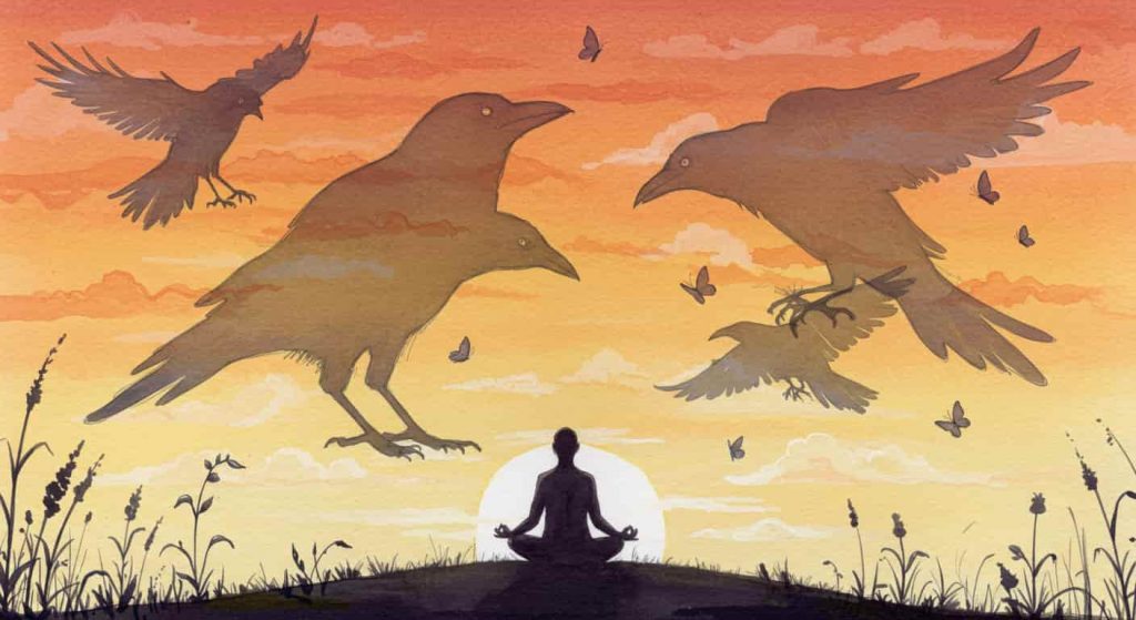An impressionistic watercolor and pen sketch depicting a person meditating on a hilltop, surrounded by four translucent crow silhouettes, with symbols of transformation in the landscape.
