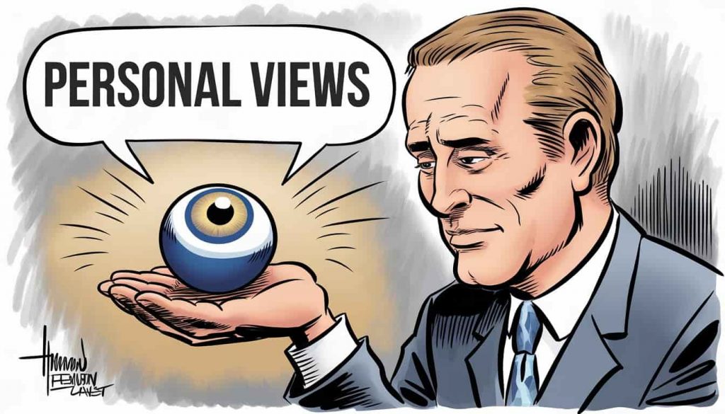 Editorial cartoon for "Encounters & Personal Interpretations" section, depicting a person considering a single, unified blue eye and golden ring symbol with dream bubbles and the text "Personal Views."