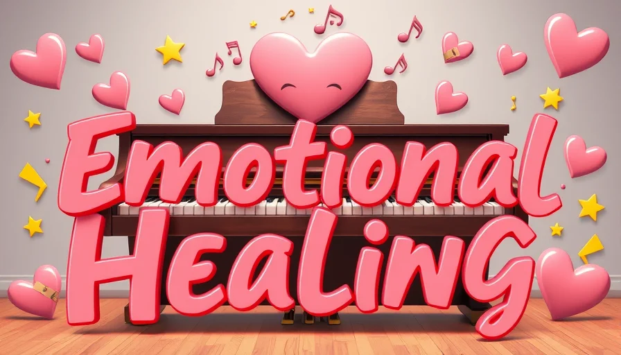 3D cartoon image of musical notes forming a heart shape around a smiling grand piano with band-aids on its legs, symbolizing emotional healing and the comforting nature of piano music.