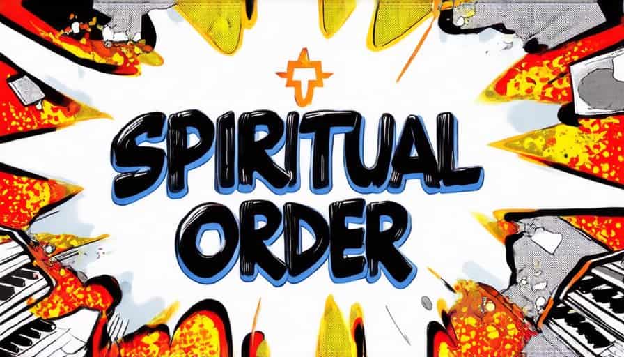 cartoon style comic image of piano keys forming a structured staircase leading to a glowing spiritual symbol, representing order, discipline, and spiritual progression through piano.