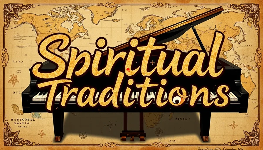  image of a clearly visible grand piano at the center, with distinct keys displaying symbols from various spiritual traditions, set against a subtly faded world map backdrop, representing the piano's global presence in diverse spiritual practices.