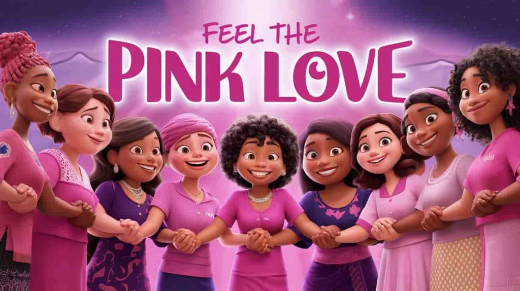A Pixar-style 3D cartoon showing a diverse group of women from various cultural backgrounds, standing in a circle and holding hands, bathed in a soft, unifying pink glow. This symbolizes the shared understanding and appreciation of pink's spiritual significance across different spiritual traditions worldwide, representing unity, compassion, and the interconnectedness of humanity. Text: Feel the pink love.