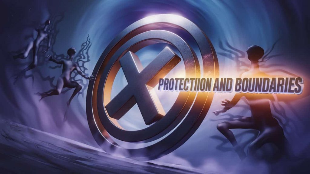 A captivating 3D artwork presents a multi-layered circle with an x inside as a glowing shield, warding off shadowy figures against a swirling blue and purple vortex. "Protection and Boundaries" is boldly displayed on the shield in radiant energy, creating a dramatic and empowering image of spiritual defense.