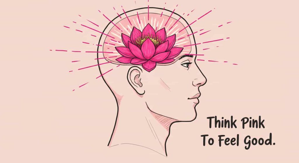 A dynamic doodle sketch shows a human head in profile, with a vibrant, blossoming pink lotus flower replacing the brain. Soft pink lines radiate outwards, symbolizing the positive psychological and spiritual effects of the color pink, including feelings of love, compassion, reduced stress, and enhanced emotional well-being. Text: Think pink to feel good.