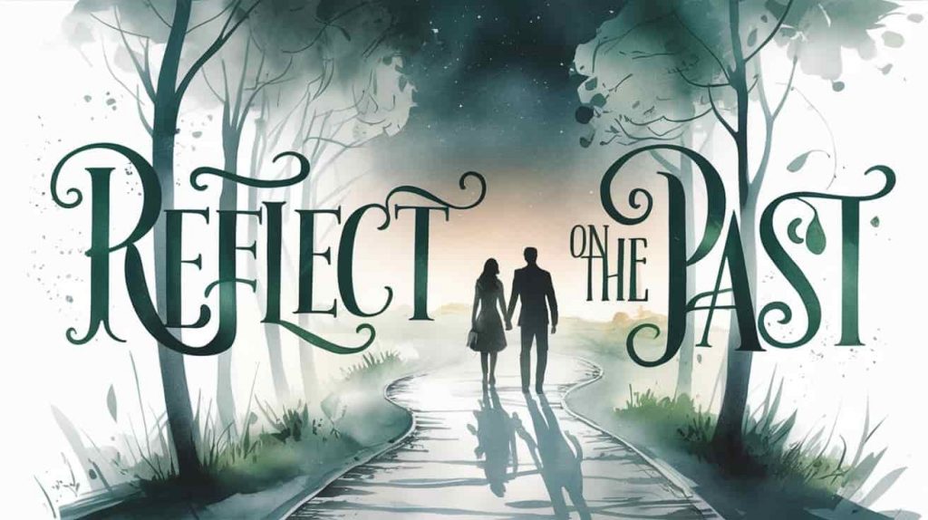 An impressionistic image evokes reflection on past love, depicting a misty path winding into a starlit distance.  A man and a woman, seemingly in love, are featured walking on this path, symbolizing shared history.  The phrase "Reflect on the Past" is presented in stylized typography, enhancing the image's contemplative and symbolic nature.