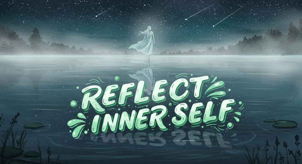 mpressionistic image representing encounter reflecting inner self when seeing an ex, depicting a misty figure gazing into a reflective pool of water showing a starry sky, with the phrase "Reflect Inner Self" in watercolor typography.