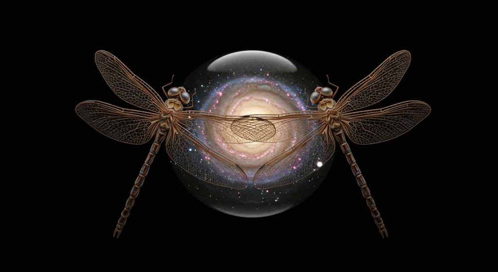 Two large dragonflies reflecting a swirling galaxy, representing reinforced messages and heightened awareness.