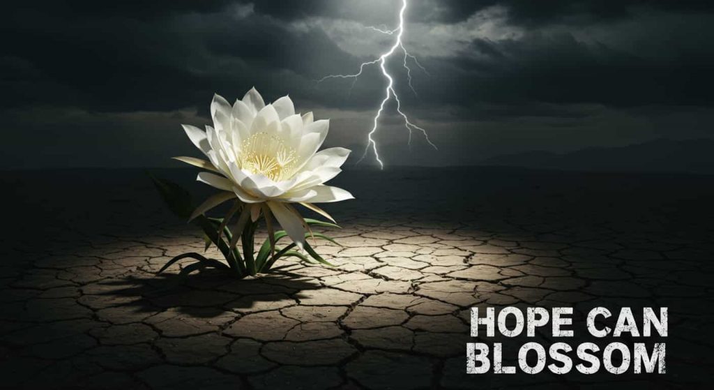 A 3D dark fantasy painting showing a night blooming cereus flower blooming in a cracked, dry desert landscape. A ray of light illuminates the flower, symbolizing hope and resilience in difficult times.