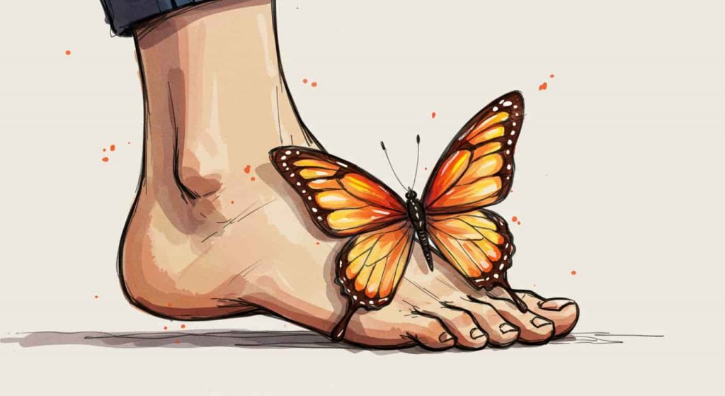 Impressionist watercolor and pen sketch of a person's right foot transforming into a butterfly as they step forward, symbolizing the resistance to change and personal growth.