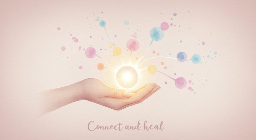 A watercolor painting of a cupped hand holding a glowing orb, with soft colors extending outwards, illustrating ways to respond to spiritually significant hand cuts. Text Reads: "Connect and heal".