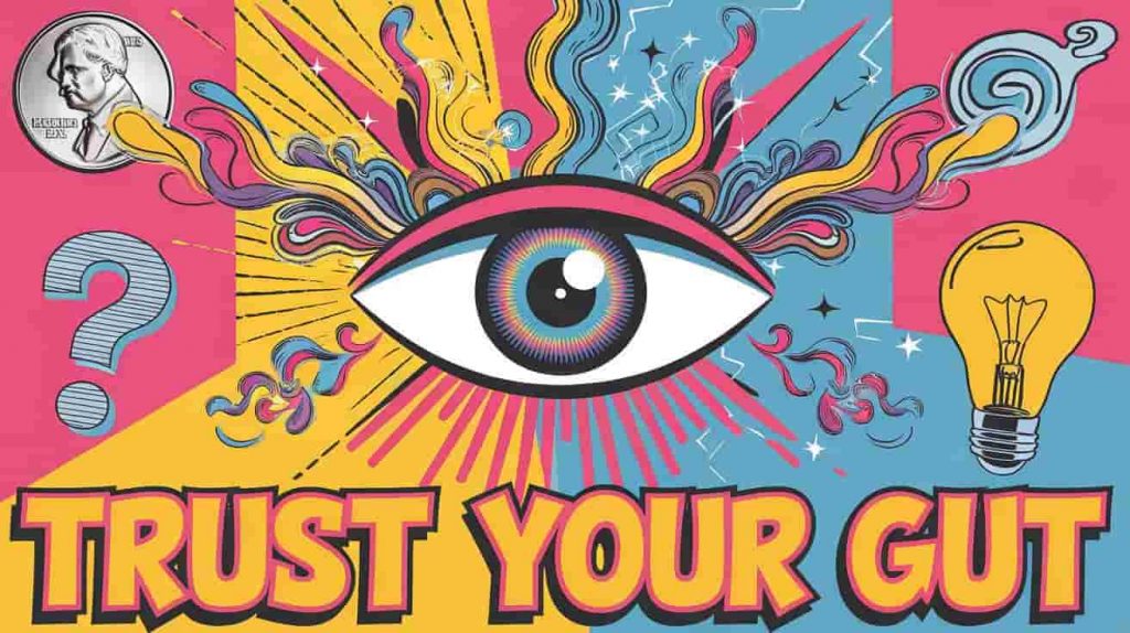 A pop art style image of a large, radiating third eye surrounded by symbols including a nickel, a question mark, and a lightbulb, representing the importance of intuition in interpreting the spiritual meaning of finding nickels.