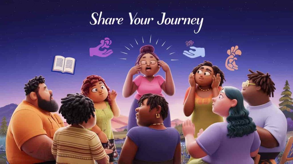 Pixar-style 3D cartoon of diverse people in a supportive circle, with one person depicted mid-gasp, representing the importance of seeking support when exploring the meaning of waking up gasping for air.