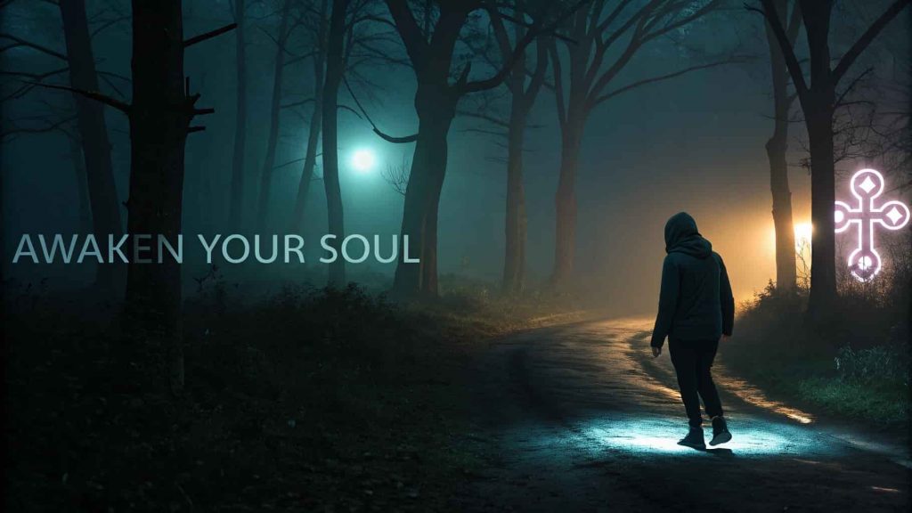 Dark fantasy 3D render of a person waking up at a crossroads, choosing a path bathed in light, symbolizing a spiritual awakening and waking up gasping for air.