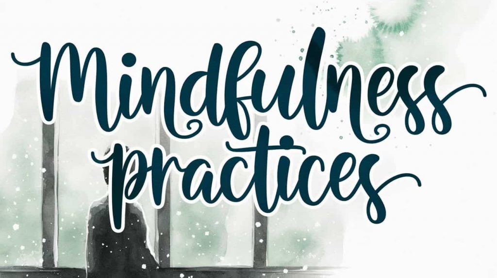 Image for "Snowflakes and Mindfulness" depicts a person peacefully observing snowflakes falling outside a window, suggesting a moment of quiet contemplation and mindfulness.