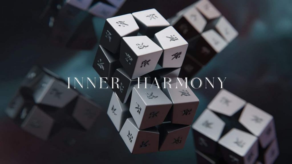 A dark fantasy 3D rendering of three cubes, each containing a partially visible four-pointed star, symbolizing the unity of spirit and matter, floating in an ethereal space.