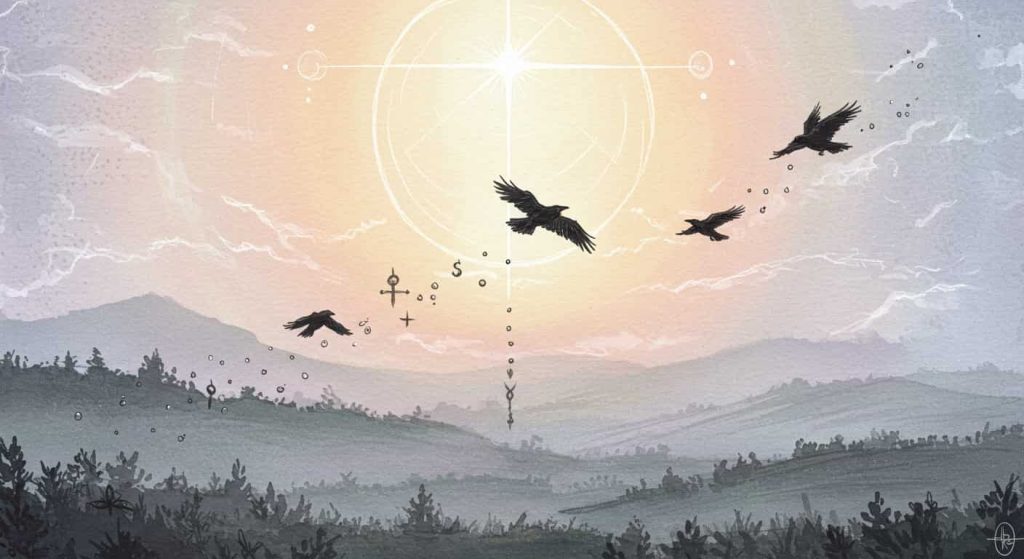 An impressionist watercolor and pen sketch showing a misty landscape transitioning from physical to spiritual realm, with three crows flying between, leaving connecting trails and surrounded by spiritual symbols.