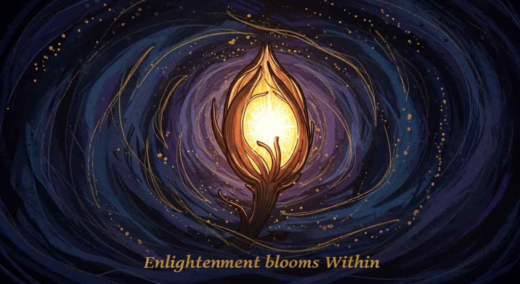 An impressionist sketch in watercolor and pen depicting a partially unfurled night blooming cereus bud emitting a bright golden light. The background is a swirling vortex of dark blues and purples. The image represents spiritual awakening and the discovery of inner truth.