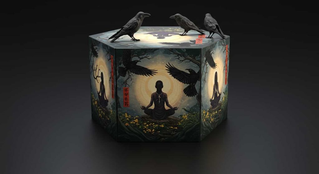 A 3D rendered cube with three visible faces showing Ukiyo-e style scenes of spiritual awakening: meditation, vision, and transformation, each featuring three crows and ethereal lighting effects.