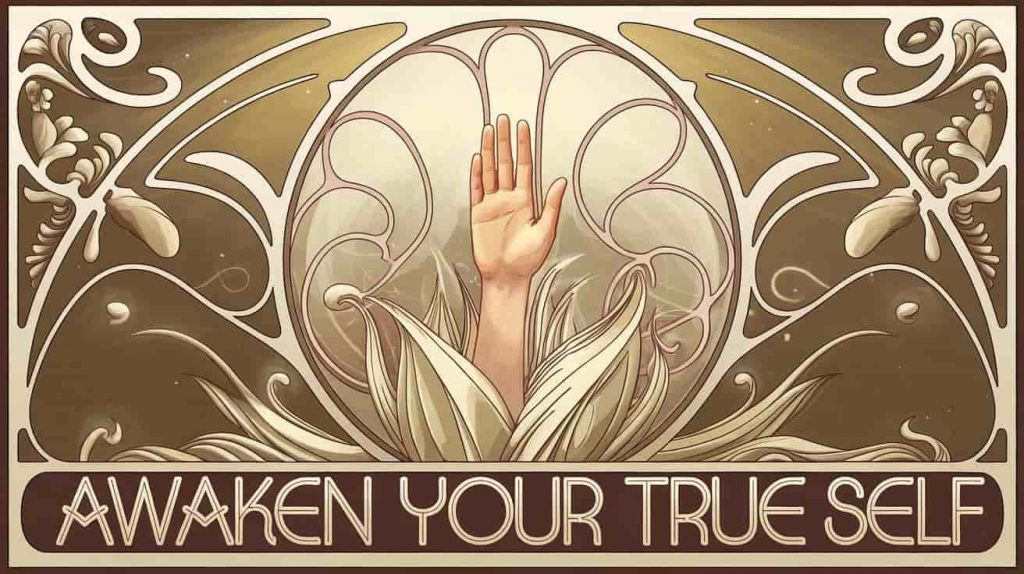 An Art Nouveau-style painting of a hand emerging from a swirling pattern, symbolizing spiritual awakening. Text reads: "Awaken your true self"