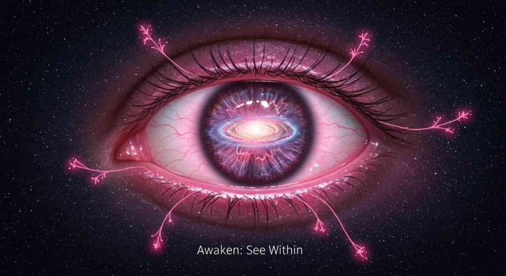 A fantastical digital painting depicts a vast, starry sky with a giant, luminous pink eye opening in the center. A swirling galaxy is visible within the iris, and pink tendrils reach outwards, symbolizing spiritual awakening, expanding awareness, and the connection to one's higher self. Text: Awaken: See Within.