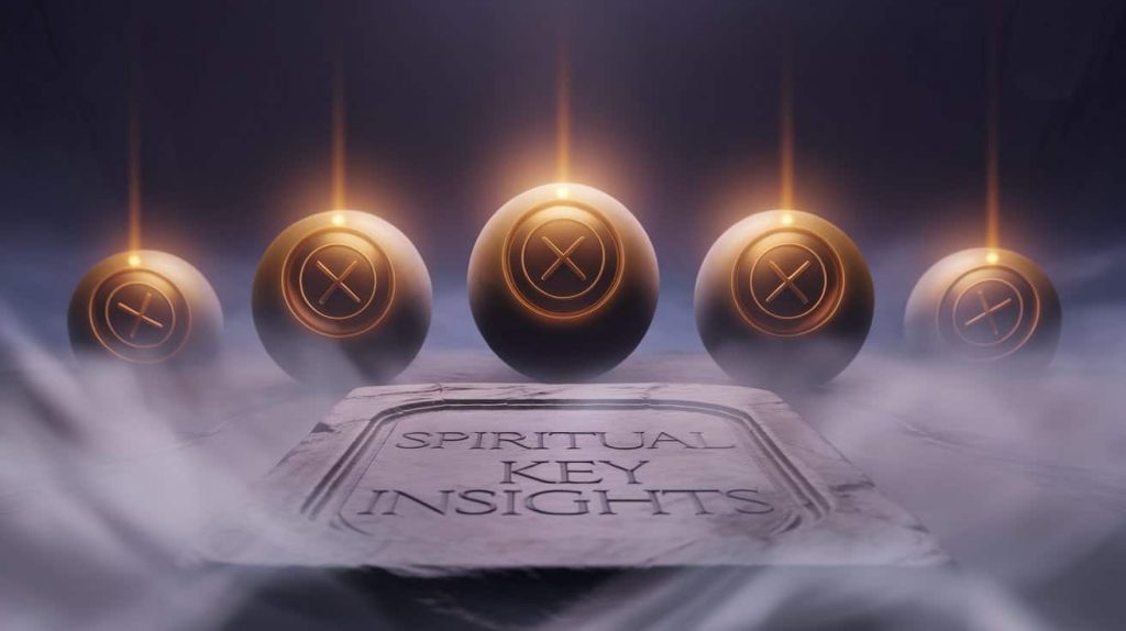 A Pixar-style 3D cartoon image presents five glowing orbs in a semi-circle, each with a circle and x symbol inside, set against a foggy backdrop. Gentle light beams rise from the orbs, and a stone tablet with "Spiritual Key Insights" is partially visible in the foreground, all rendered in a warm, inviting, cinematic style.