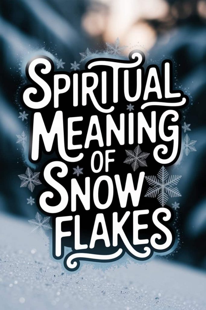 The title "Spiritual Meaning of Snowflakes" is rendered in a dynamic, curved layout with large, hand-drawn letters. Readability is enhanced with colored outlines and contrasting background. Playful typography includes splashes of color accents, blending with a photographic winter scene. A photographic icicle and photographic frosted branches frame the design. Keywords: spirituality, snowflakes, winter, blog header, hand-drawn typography, visual design.