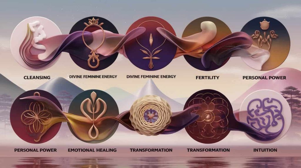 A 3D artwork showcasing seven interconnected spiritual symbols representing the meanings of menstrual-birthday alignment, arranged in a circular pattern with ethereal colors.
