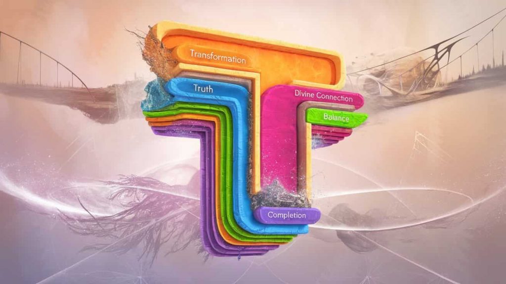 A multi-layered 3D letter T representing various spiritual meanings, surrounded by a misty aura and symbolic elements of bridges and cosmic patterns.
