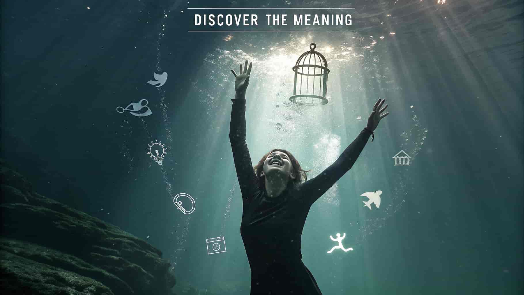 Dark fantasy 3D render of a person submerged underwater, reaching for light, surrounded by symbols representing spiritual meanings of waking up gasping for air, including feeling suffocated, past life trauma, and spiritual awakening.