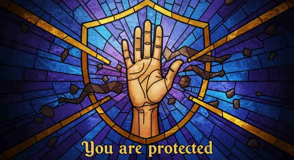 A stained-glass window image of a hand within a protective shield, repelling darkness, representing spiritual protection. Text reads: "You are protected."